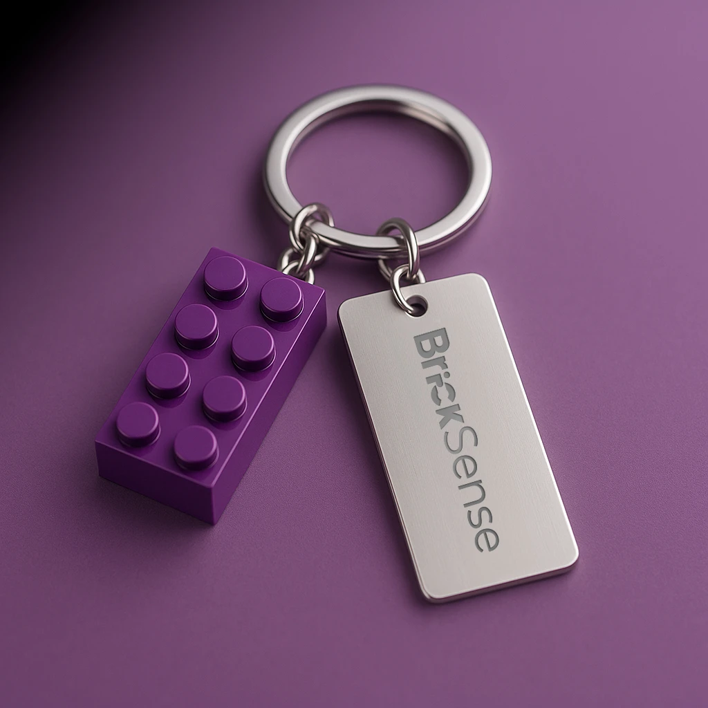 Chaveiro com uma peça de LEGO roxa e uma plaqueta de metal gravada com a marca