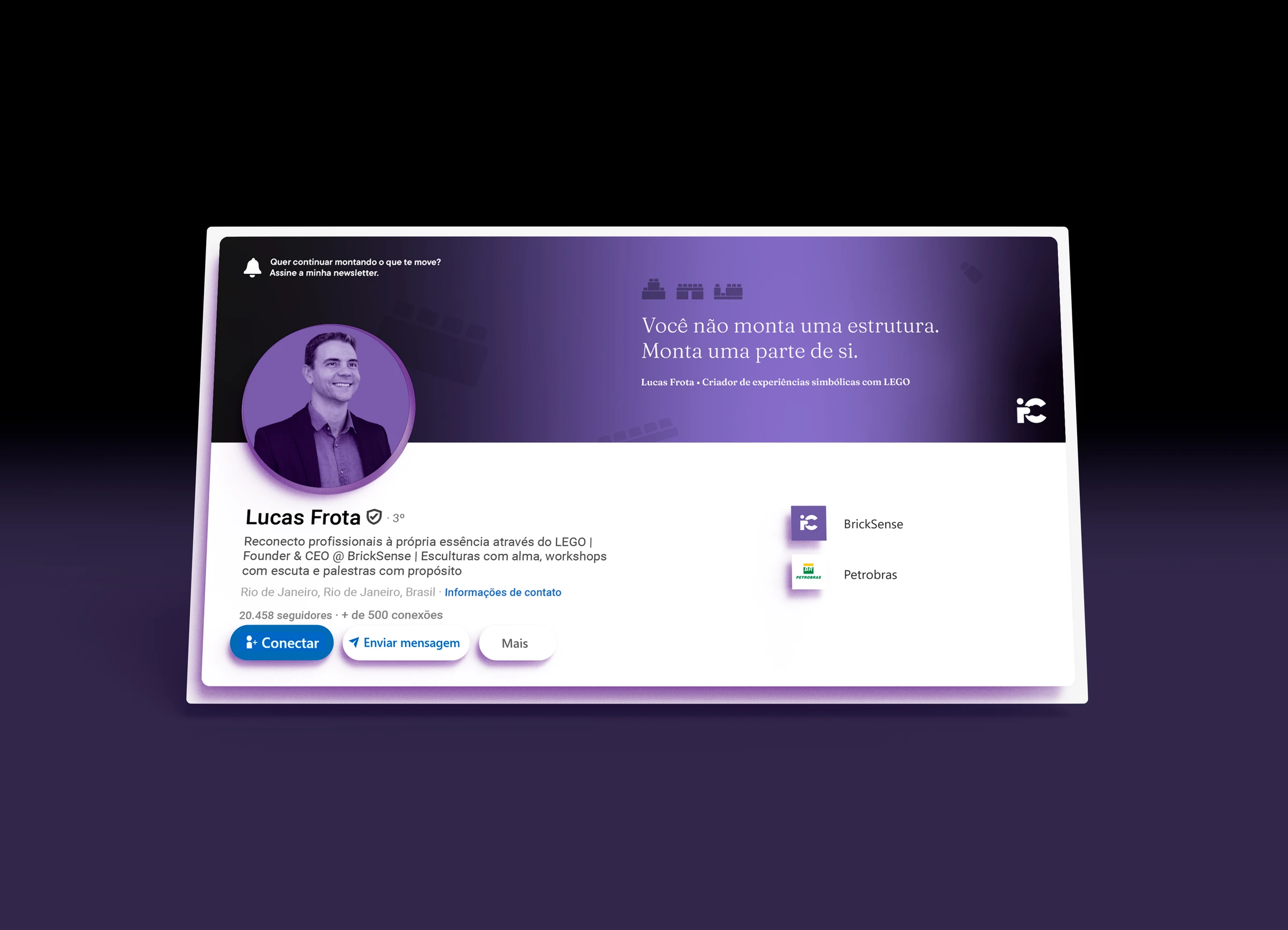 O perfil de Lucas Frota no LinkedIn com a capa roxa da BrickSense