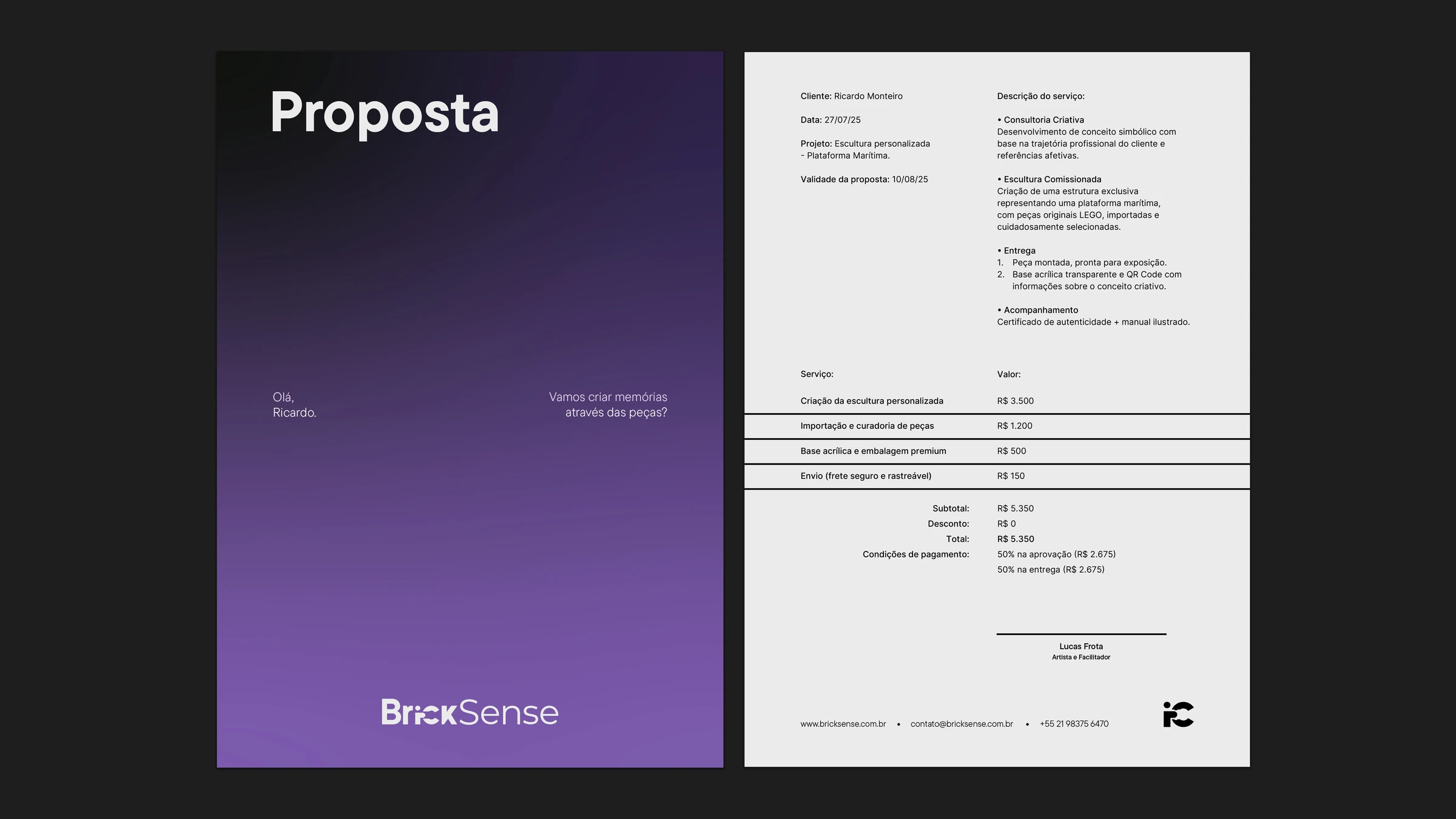 A proposta comercial da BrickSense: capa em degradê roxo e a página de escopo e valores