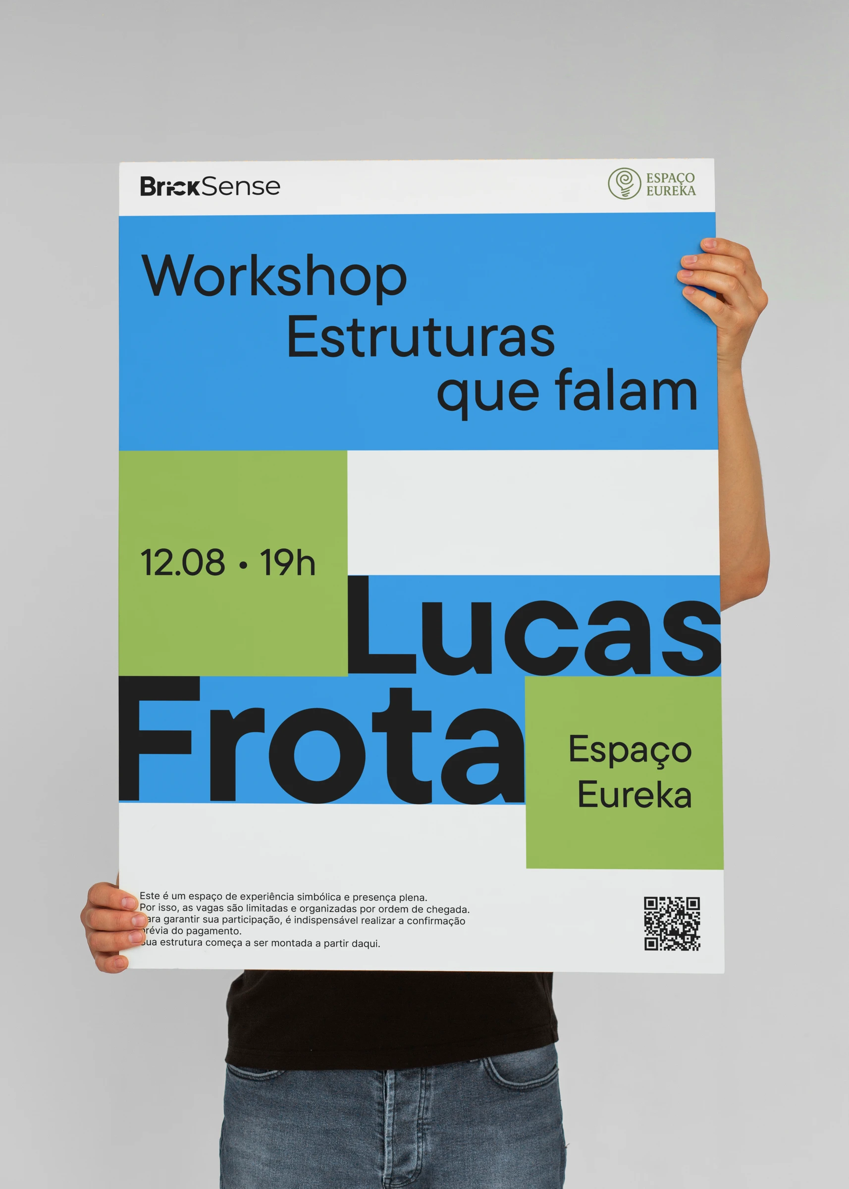 Cartaz do workshop Estruturas que falam, em blocos de azul, verde e branco