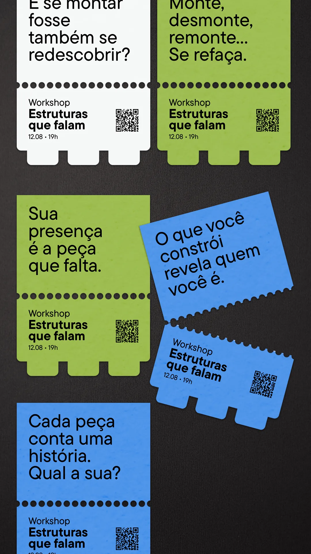 Ingressos do workshop recortados em forma de peça de LEGO, cada um com uma pergunta