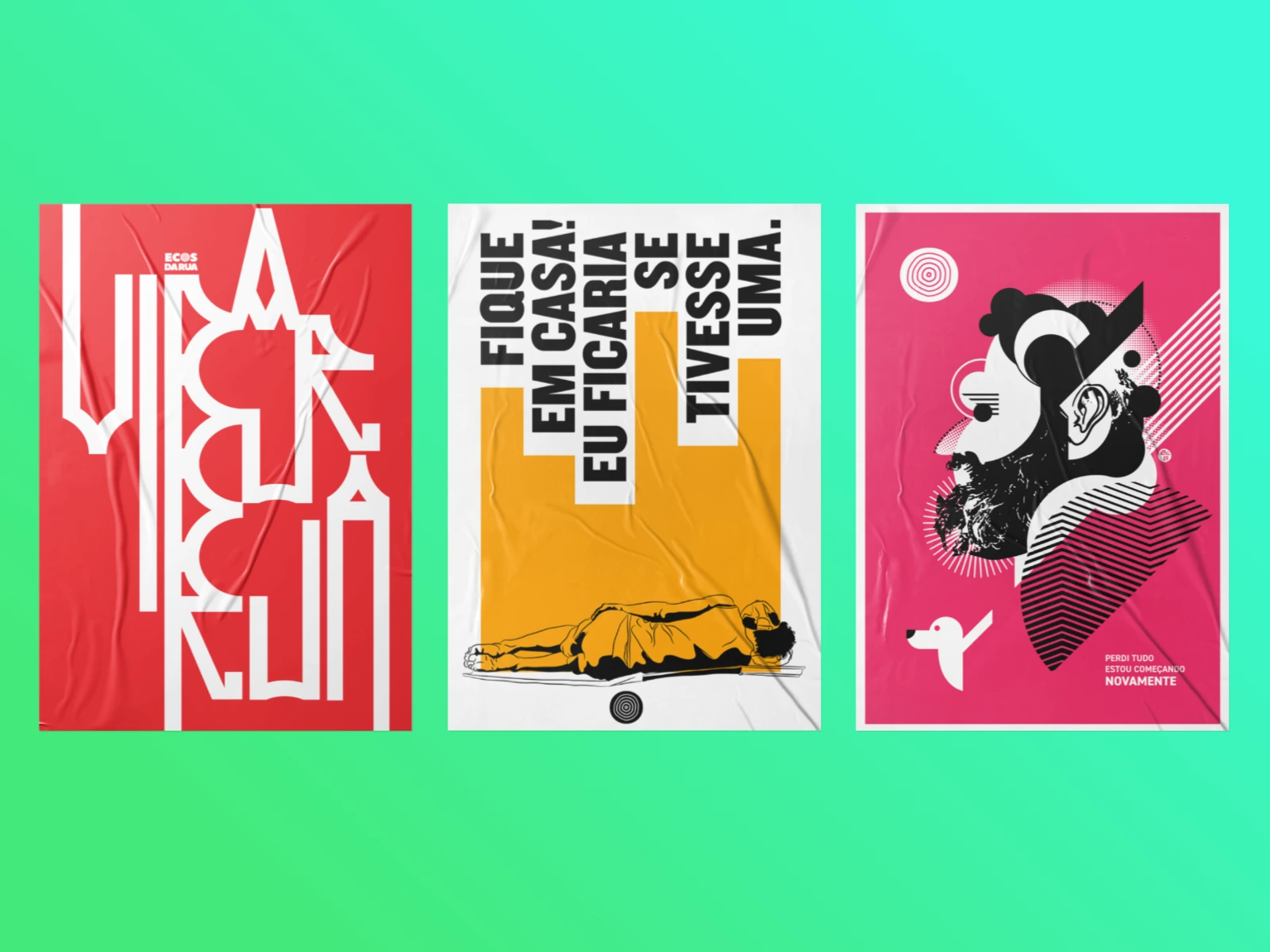 Três cartazes da campanha com acabamento de colagem de rua, entre tipografia e ilustração