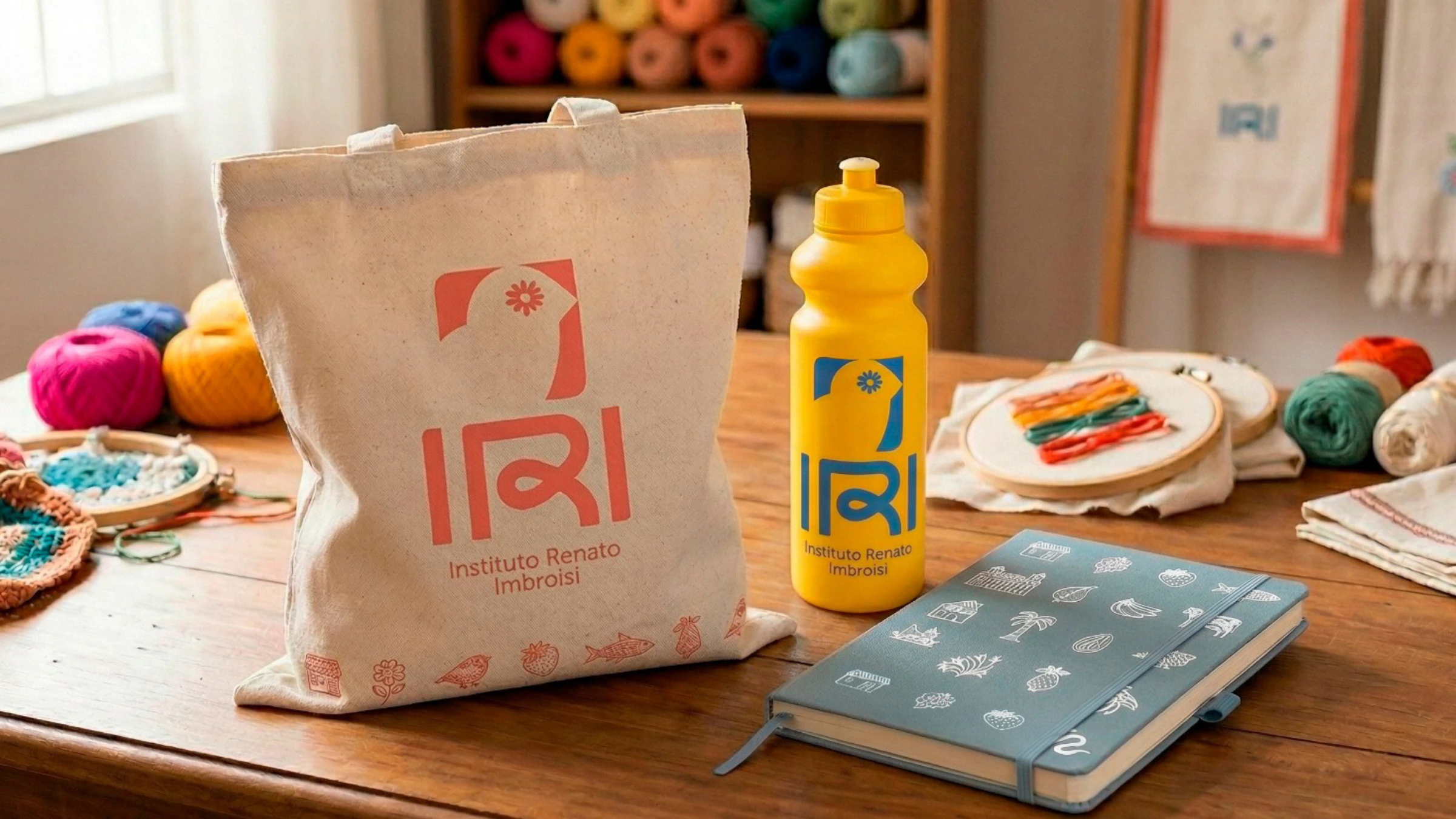 Brindes do IRI no ateliê, entre novelos e bastidores de bordado