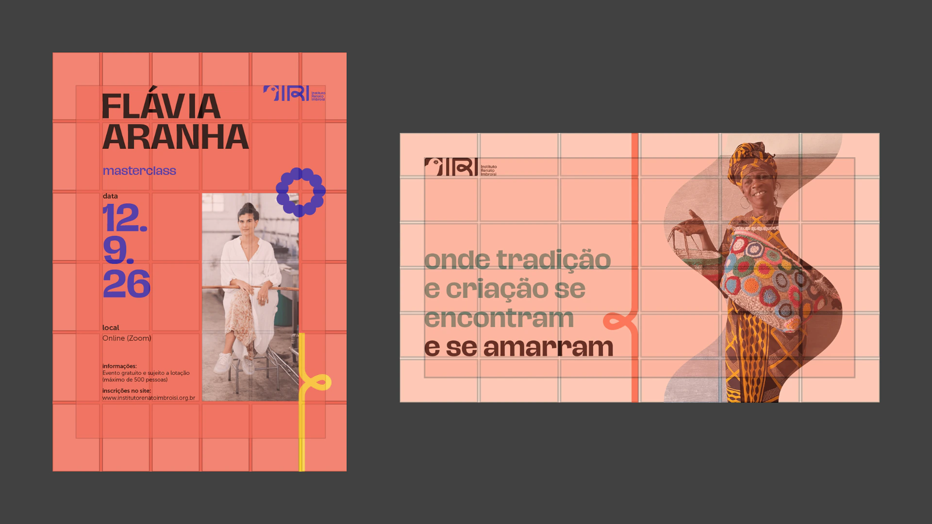 Peças de comunicação do IRI: cartaz de masterclass e layout institucional