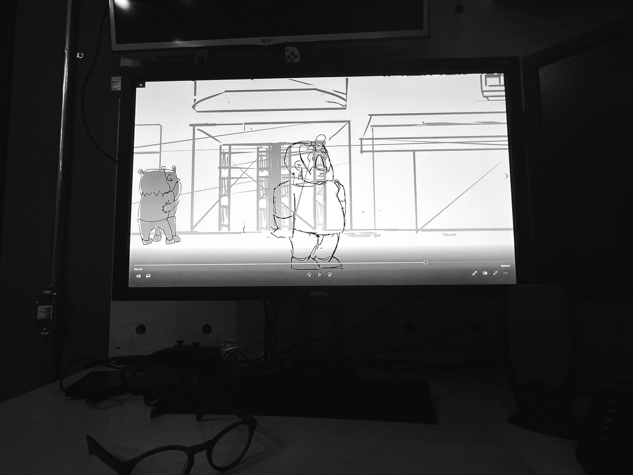 O animatic em teste na tela: o abraço dos ursos ainda em traço de lápis