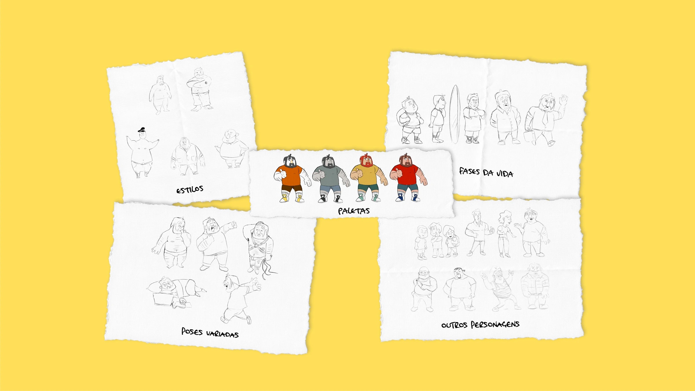 Estudos de personagem: estilos, poses, fases da vida, paletas e personagens secundários