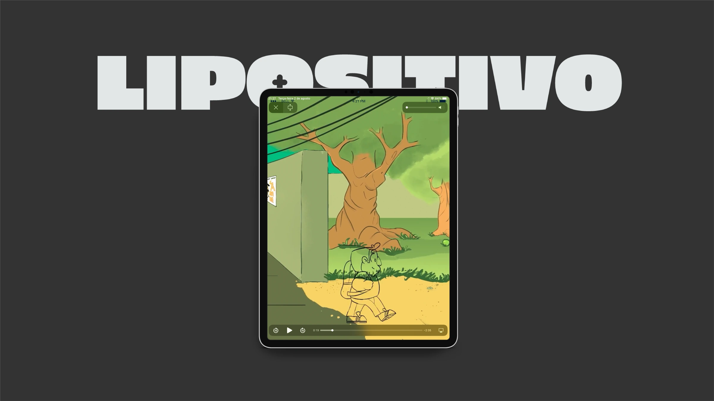 A prancha do Lipositivo: o título do curta e o filme rodando num tablet