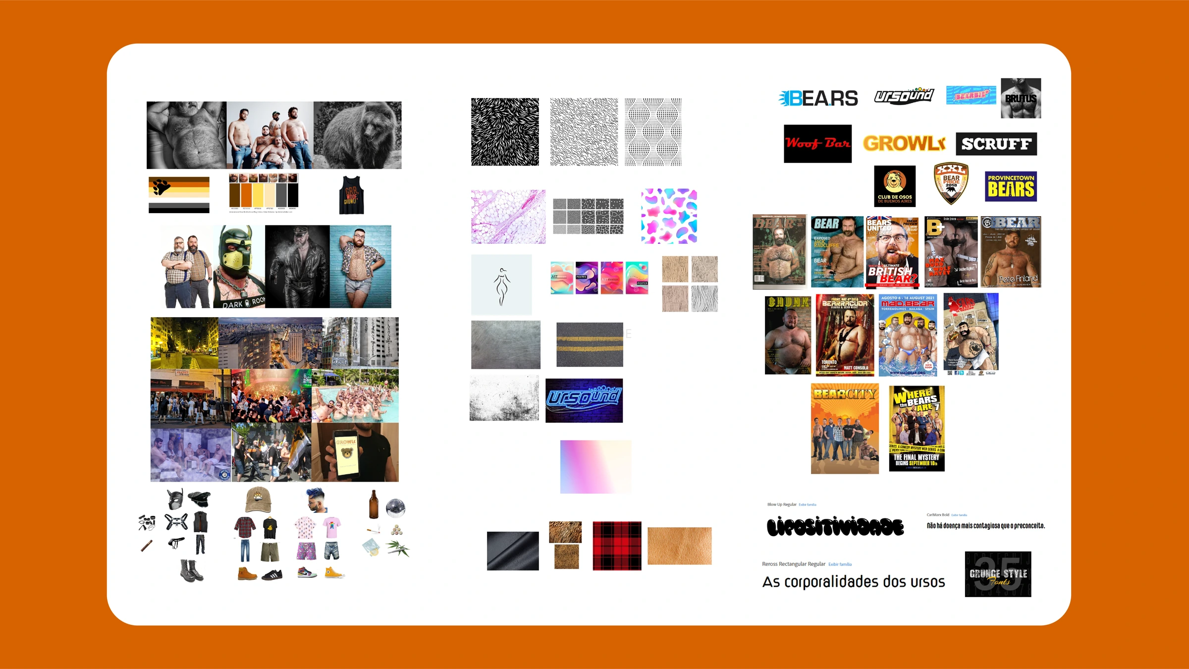 Moodboard do projeto: referências da comunidade ursina, texturas, tipografias e cultura visual